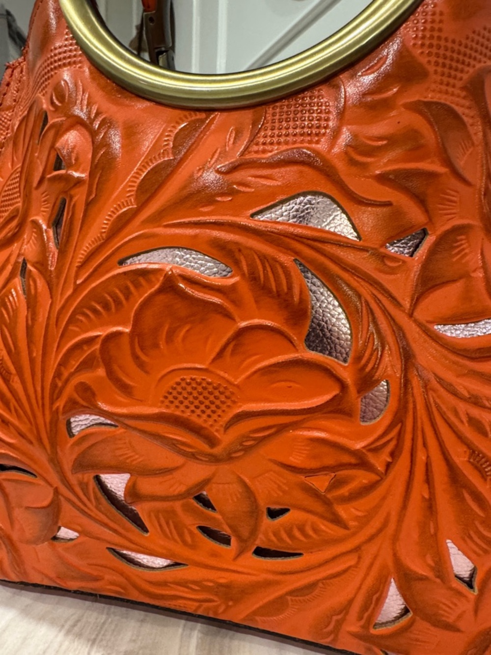 Patricia Nash Bag Aria Double Ring Orange Leather Floral Laser Cut Crossbody - Picture 6 of 17
